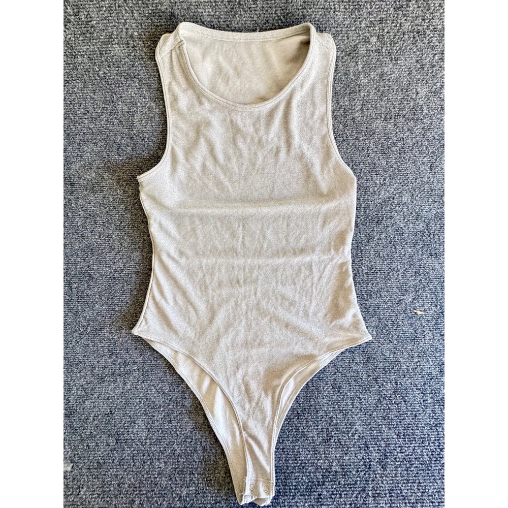 Silver Metallic Shimmer Sleeveless Bodysuit Racerback Tank Top Large